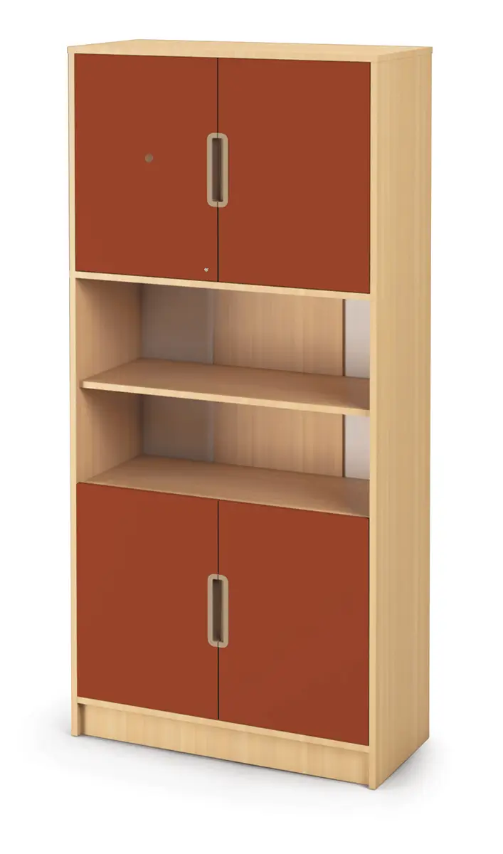 Materialschrank-mit-offenen-Feachern-aziegelrot