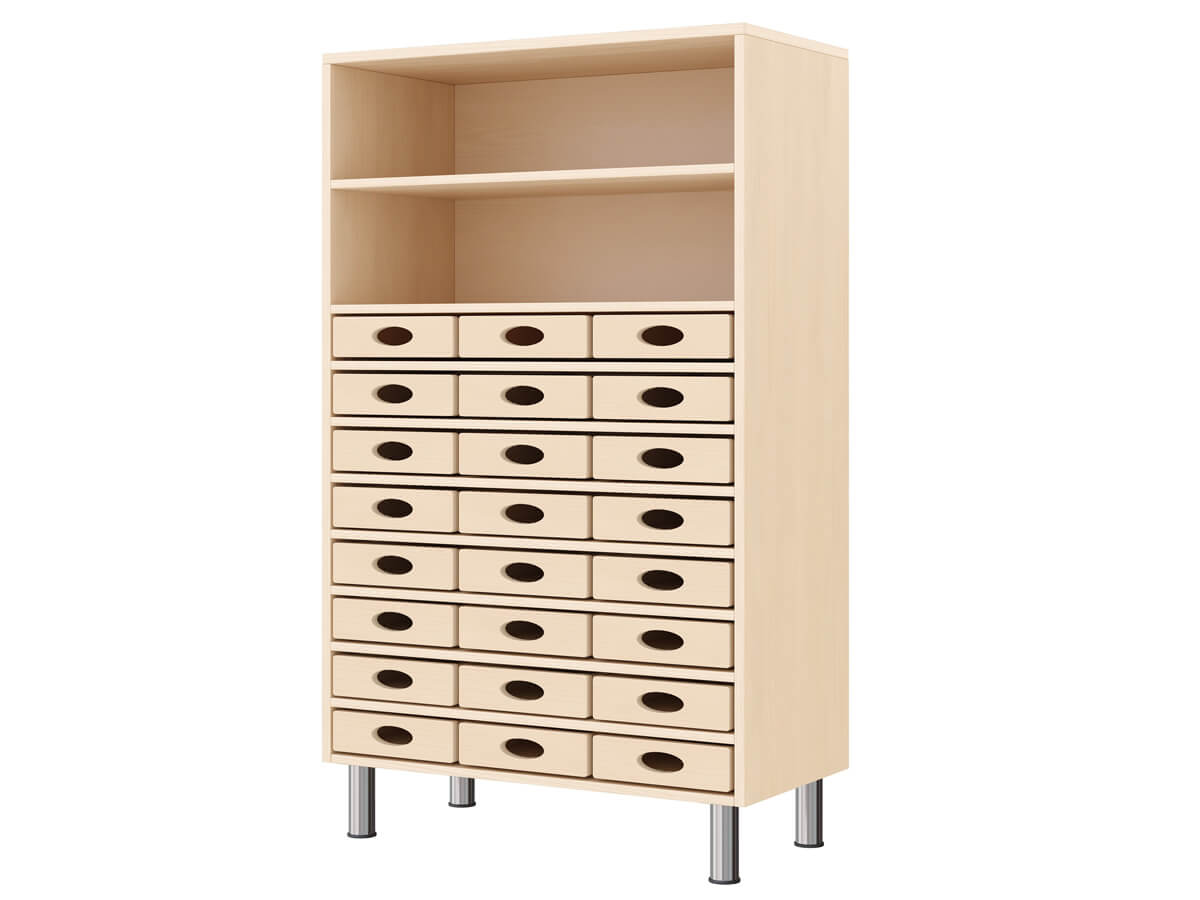 Regalschrank mit 24 Materialkästen und 2 Fächern