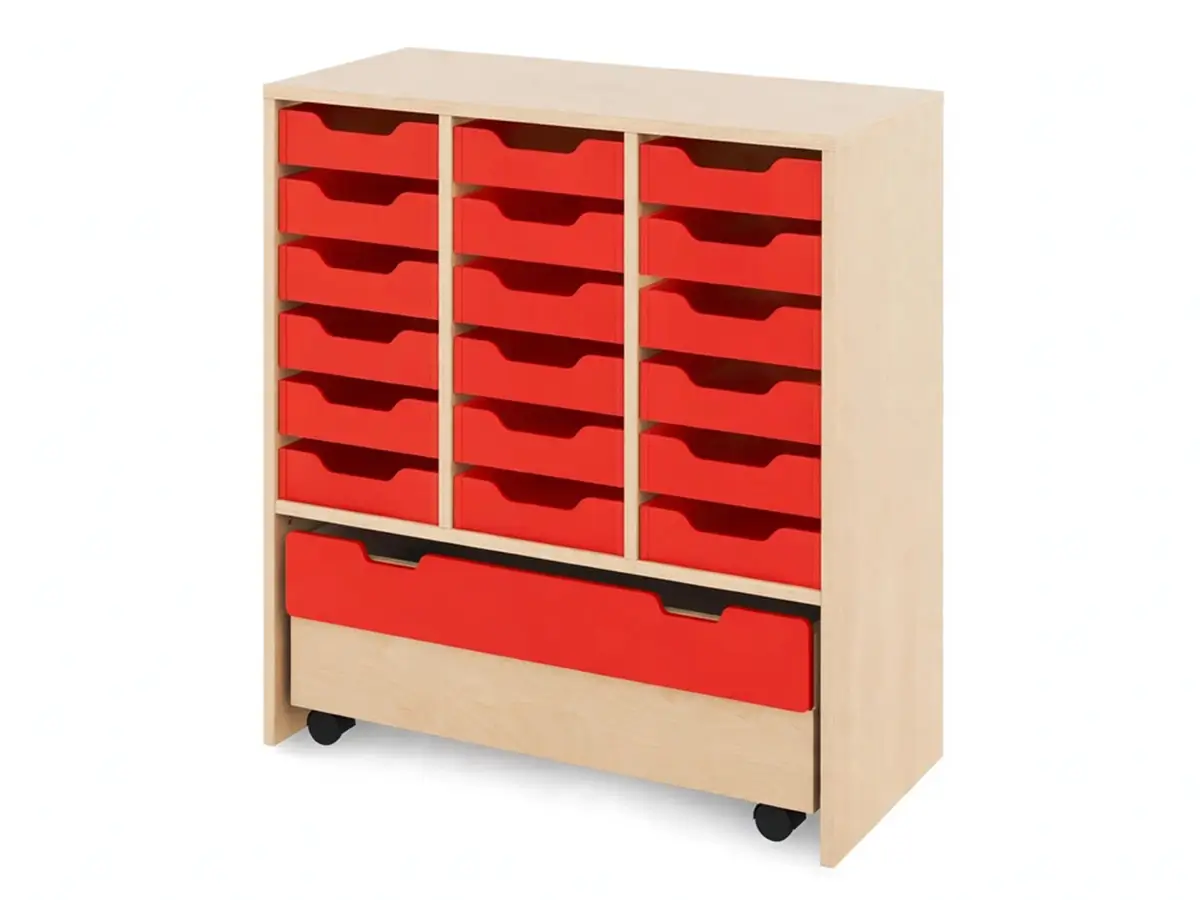 Materialregal-mit-Holzschubladen-rot