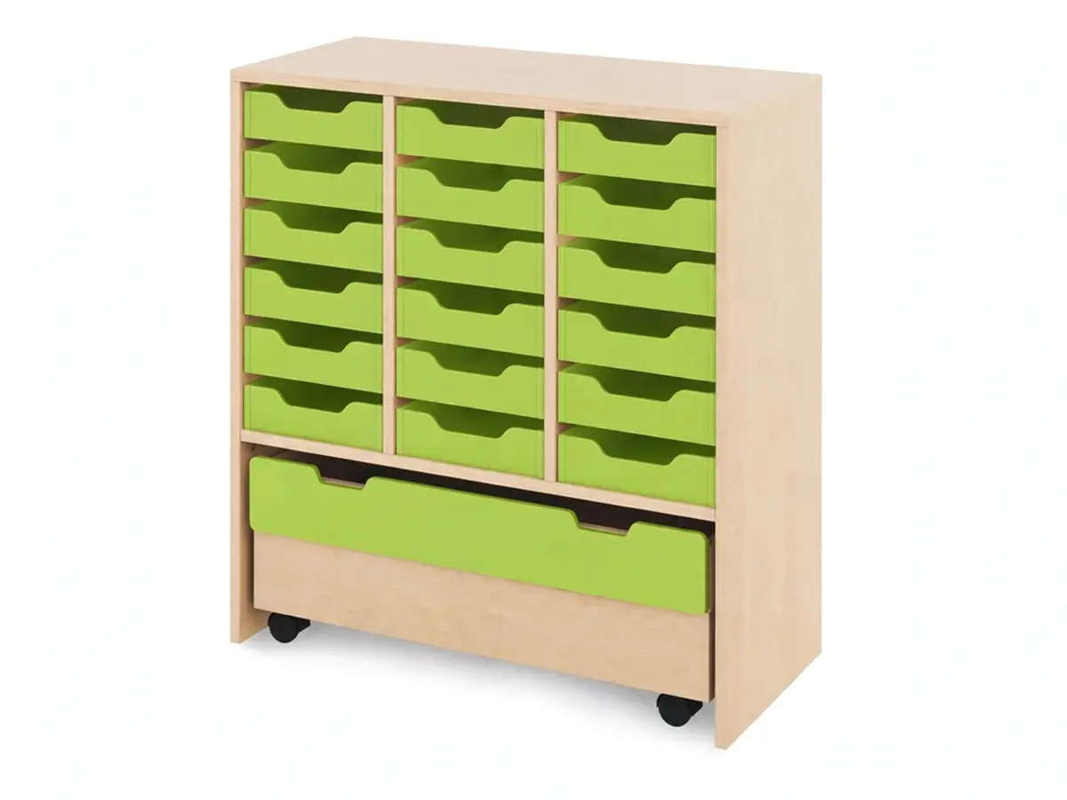 Materialregal-mit-Holzschubladen-gruen