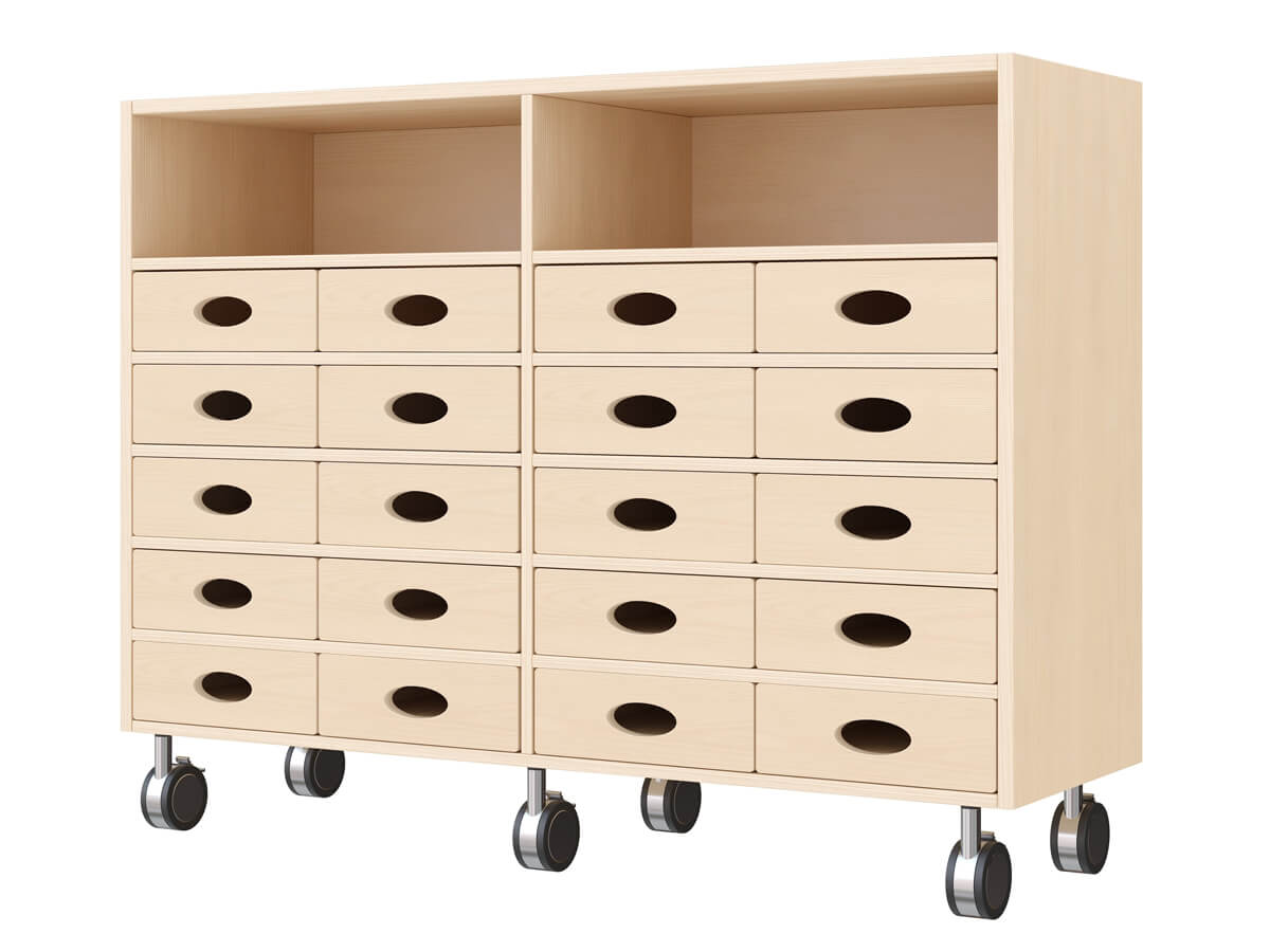 Regalschrank mit 20 Materialkästen und 2 Fächern