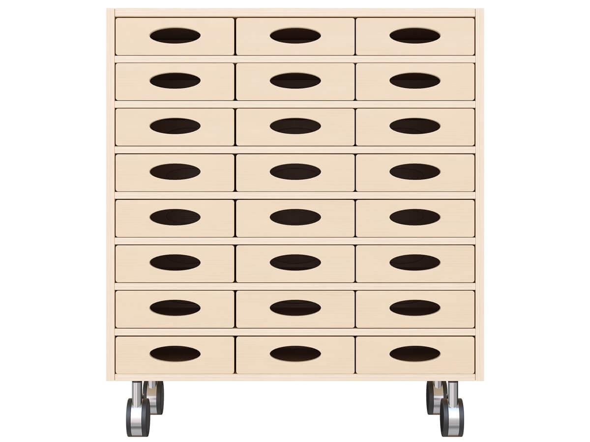 Regalschrank mit 24 Materialkaesten – Version mit Rollen