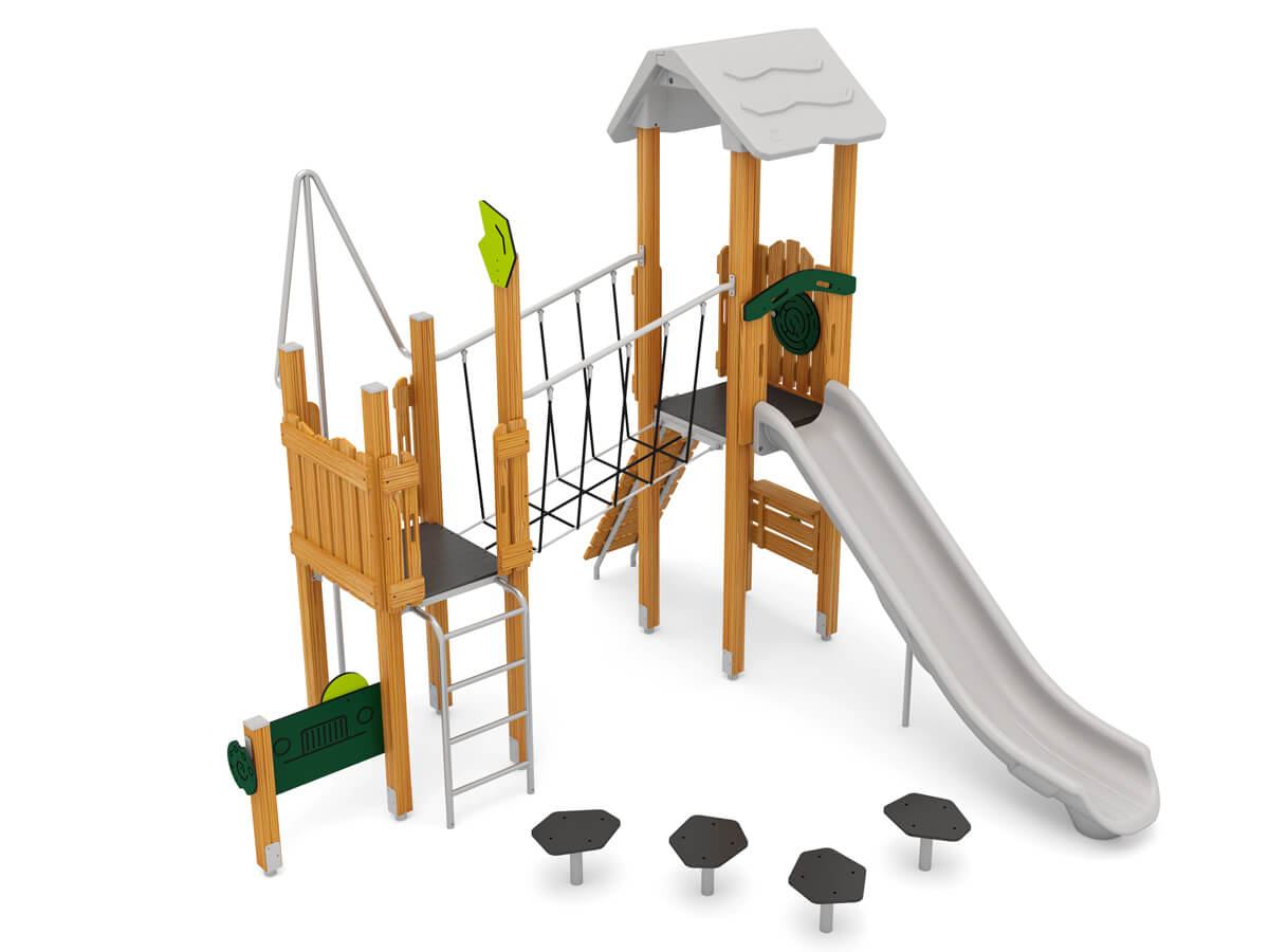 Grosse-Spielanlage-mit-Rutsche,-Wackelbruecke-und-Balancierpfad