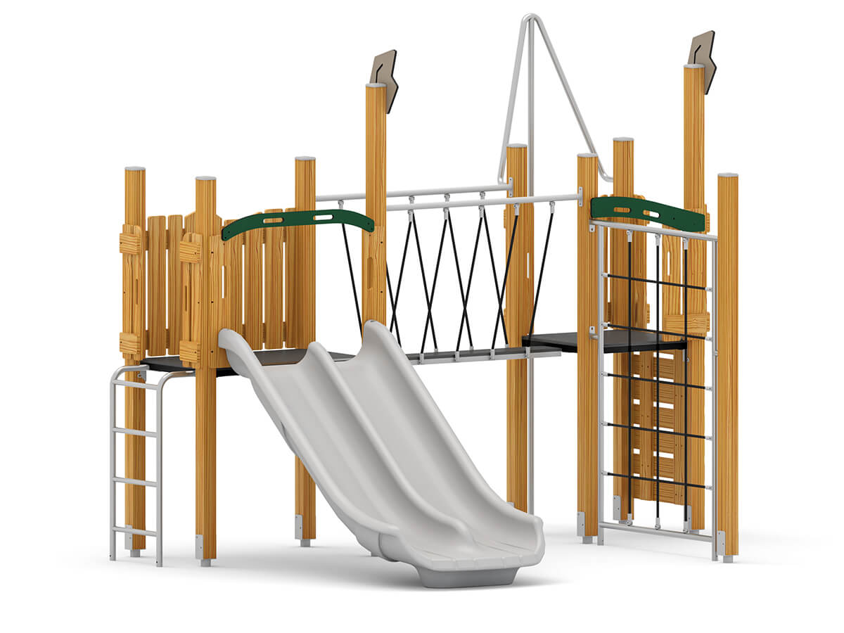 Spielanlage-mit-Doppelrutsche,-Bruecke-Kletternetz-und-Kletterwand