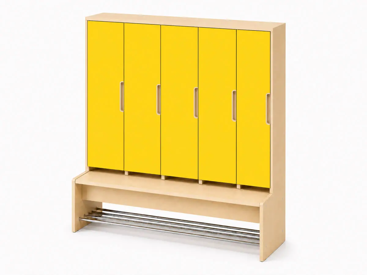 Kindergarderobe-5-Pleatze-gelbe-tueren