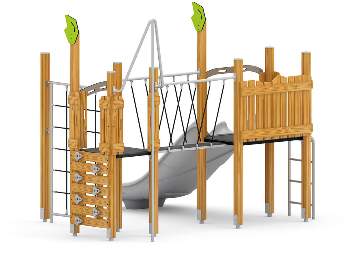 kita-Spielanlage-mit-Doppelrutsche,-Bruecke,-Kletternetz-und-Kletterwand