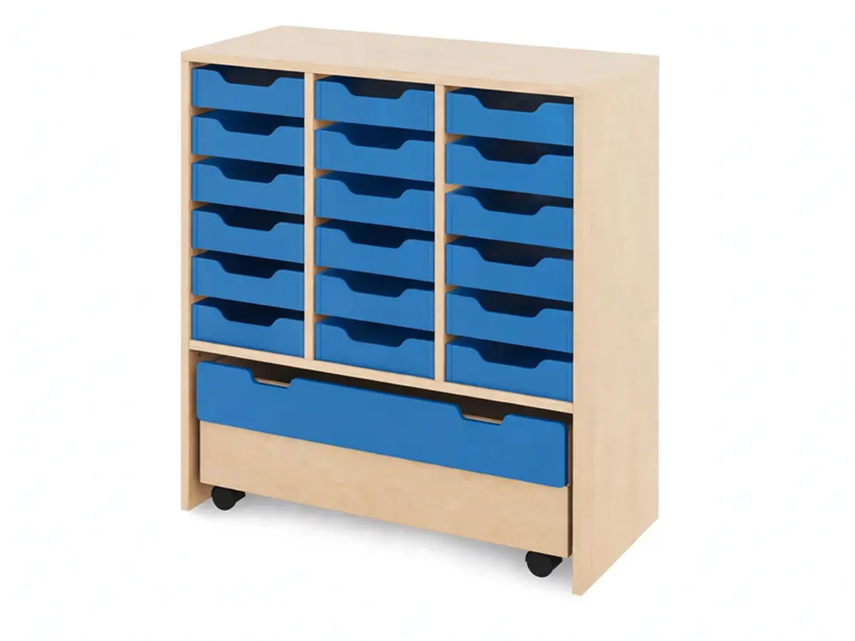 Materialregal-mit-Holzschubladen-blau