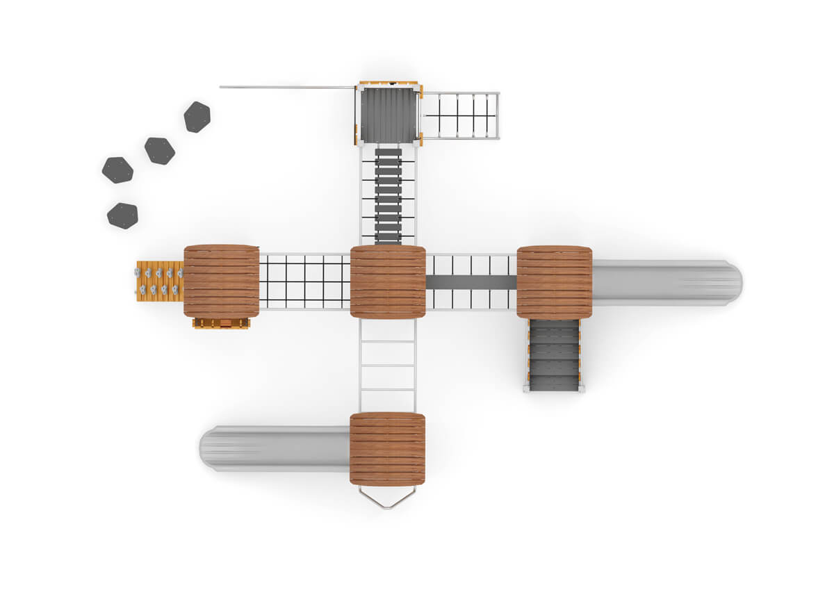 Spielanlage-mit-Rutsche,-Bogenleiter-und-Netzbruecke