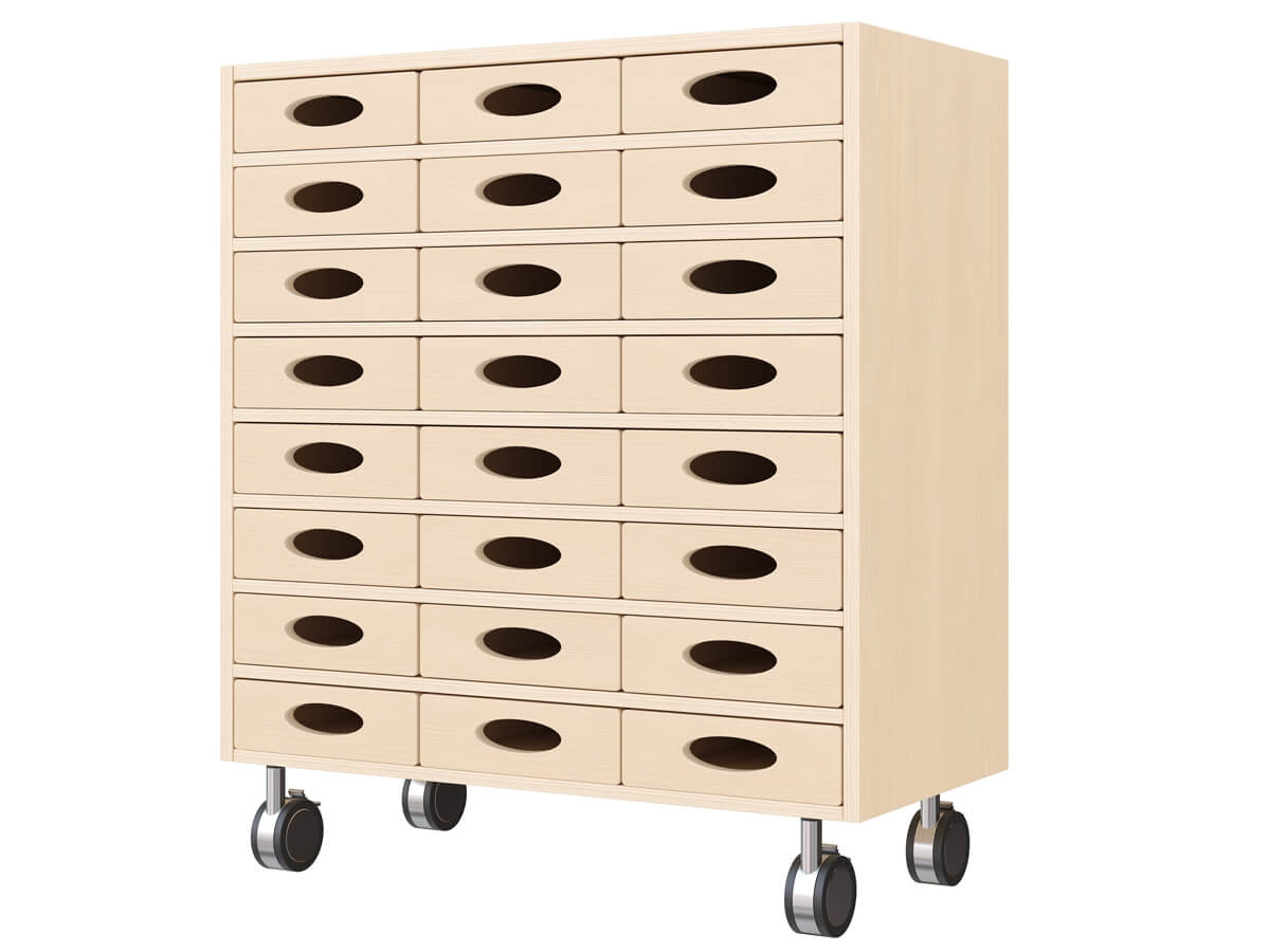 Regalschrank mit 24 Materialkaesten – Flexible Sockelvariante