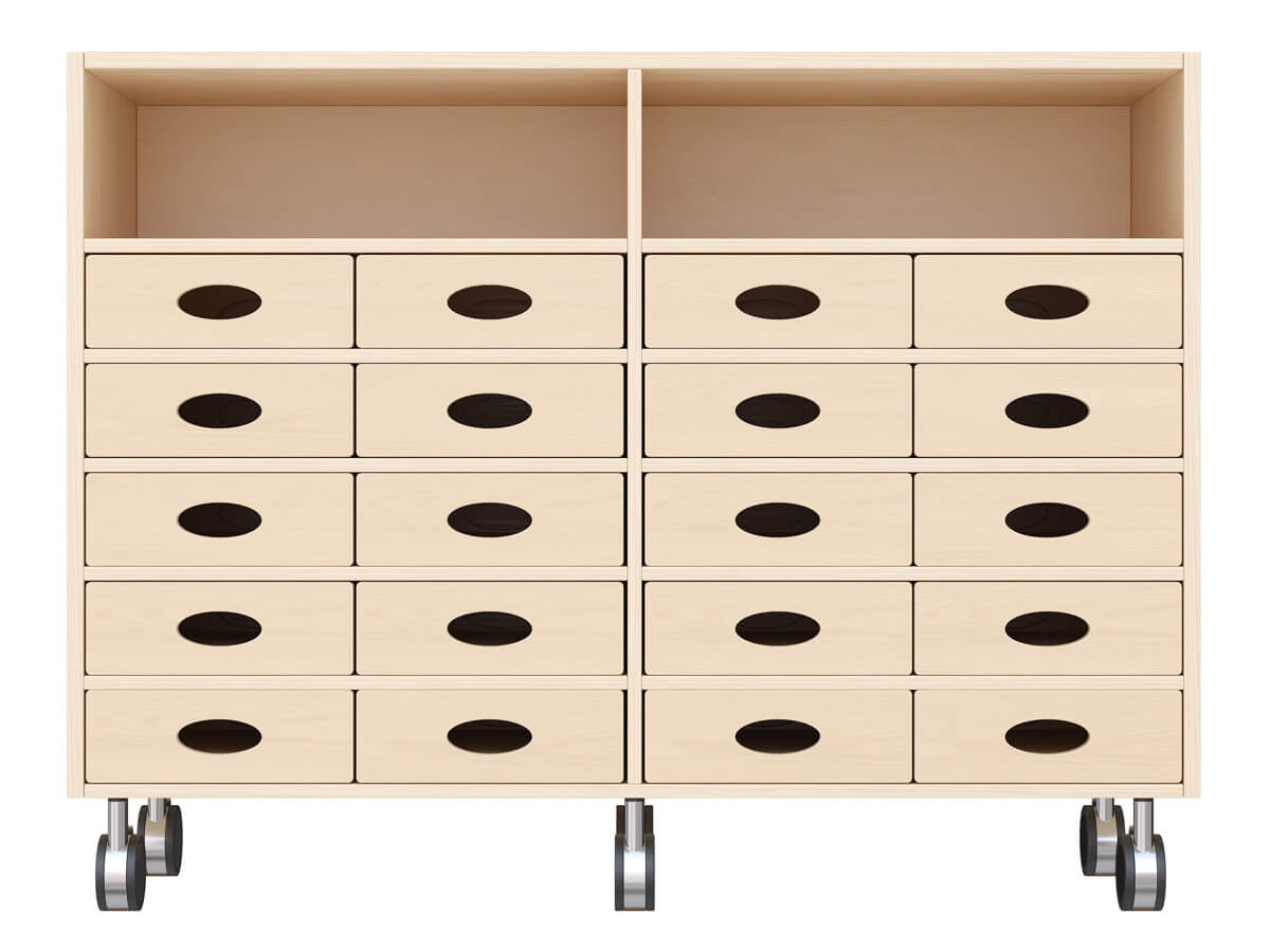 Regalschrank mit 20 Materialkästen und 2 Fächern