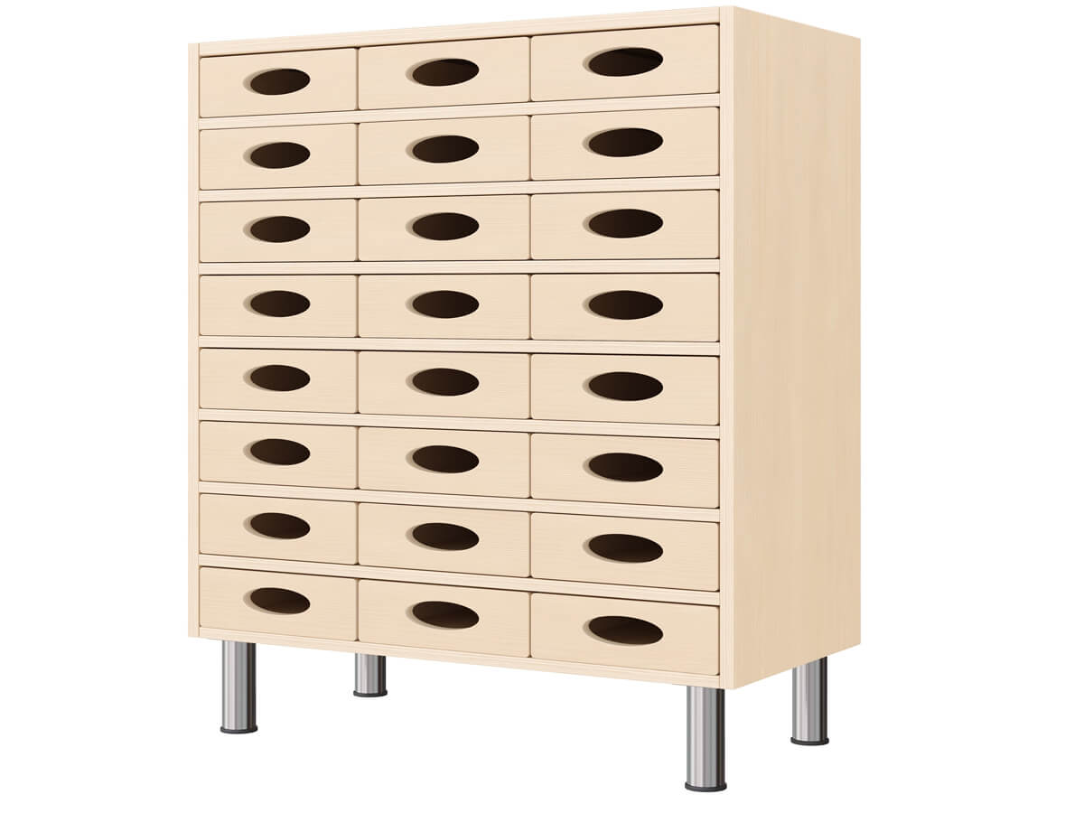 Regalschrank mit 24 Materialkaesten – Belastbare Fachstruktur
